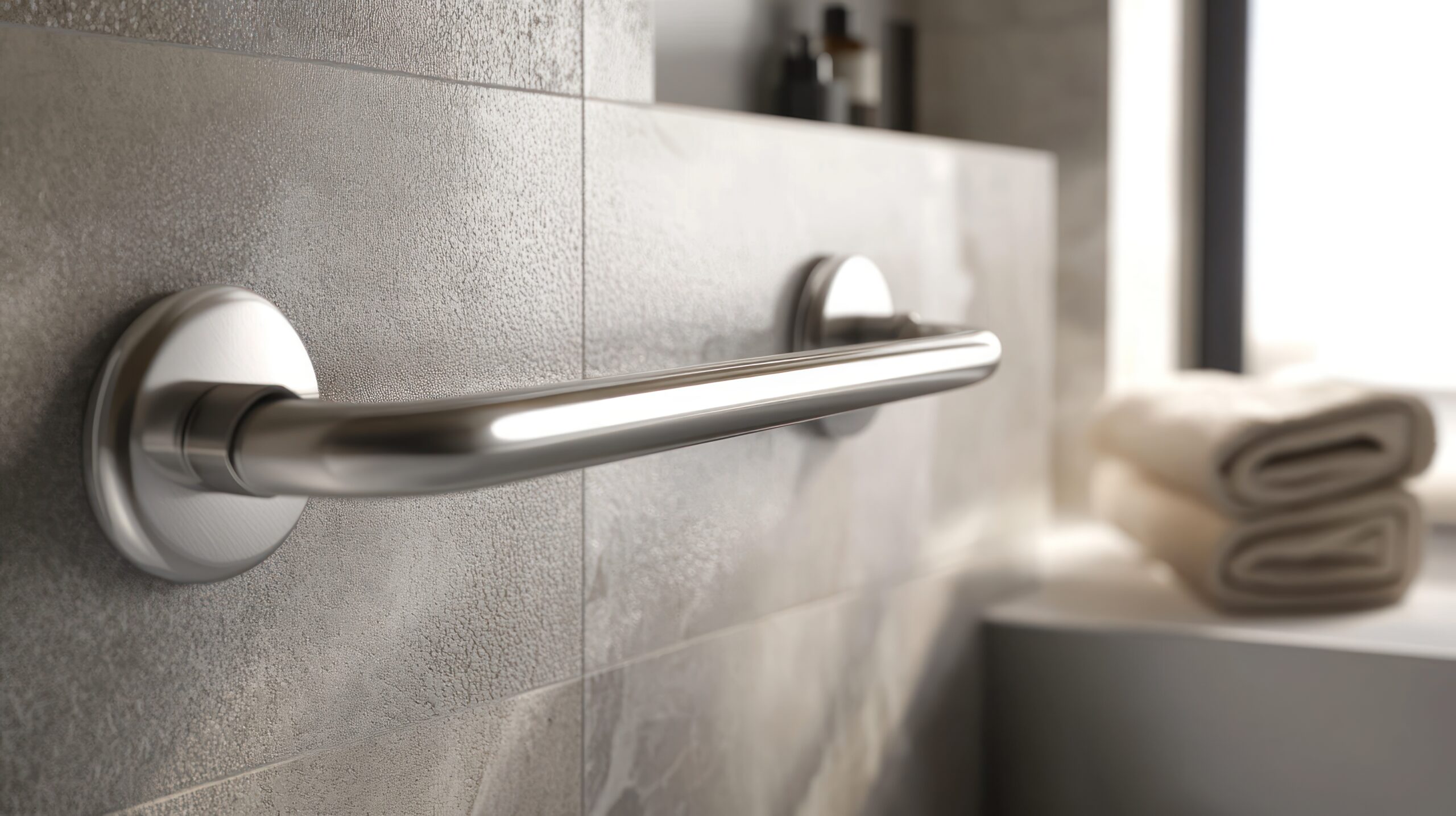 Close Up Of Stainless Steel Safety Grab Bars In Bathroom